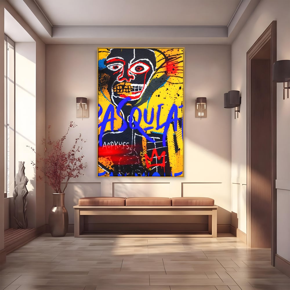 Tablou canvas cu tablou canvas cu portret stil graffiti, in rama de aluminiu auriu